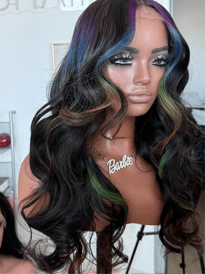 Dorsanee Black With Purple Blue Green Skunk Stripe HD Lace Front Human Hair Wig