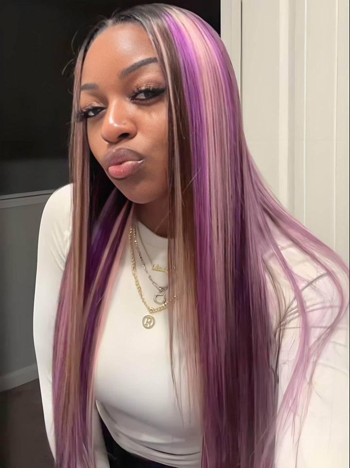 Dorsanee Black With Purple Lavender Highlights Dark Root 13x4 Lace Front Human Hair Wigs