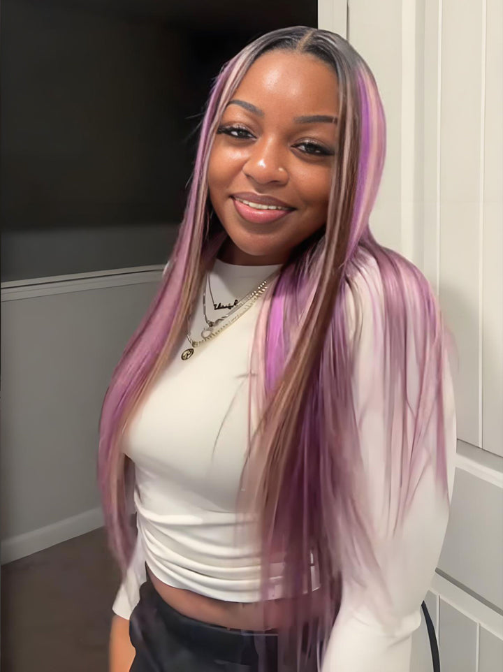 Dorsanee Black With Purple Lavender Highlights Dark Root 13x4 Lace Front Human Hair Wigs