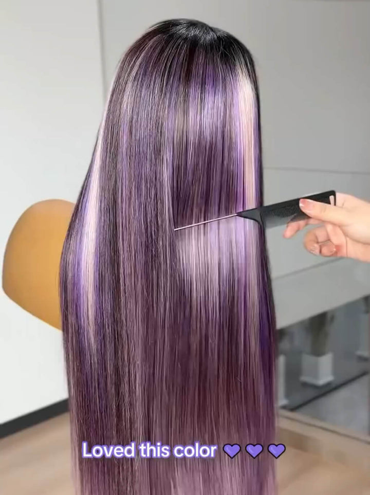 Dorsanee Black With Purple Lavender Highlights Dark Root 13x4 Lace Front Human Hair Wigs