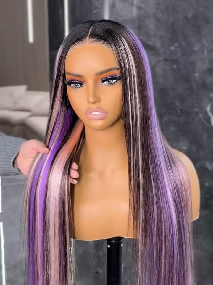 Dorsanee Black With Purple Lavender Highlights Dark Root 13x4 Lace Front Human Hair Wigs