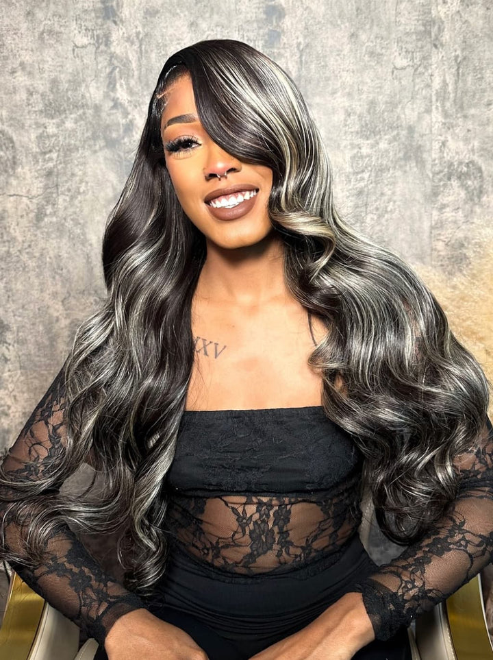 Dorsanee Black with Silver Grey Brown Highlights 13x4 Lace Front Human Hair Wigs 200 Density