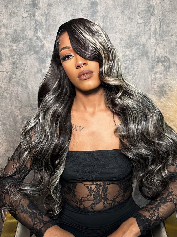 Dorsanee Black with Silver Grey Brown Highlights 13x4 Lace Front Human Hair Wigs 200 Density