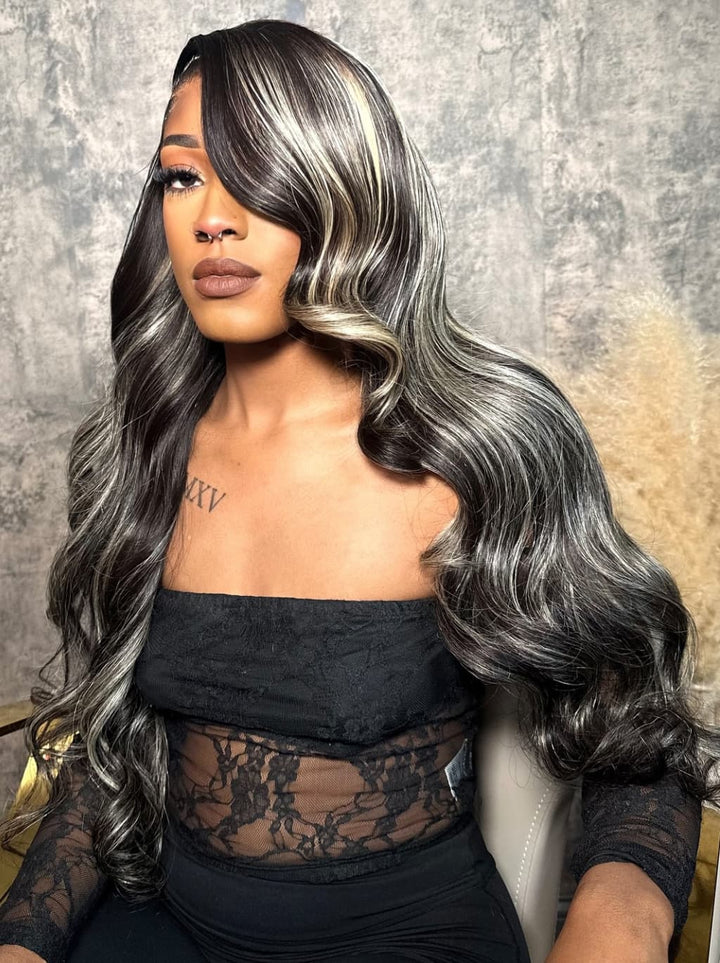 Dorsanee Black with Silver Grey Brown Highlights 13x4 Lace Front Human Hair Wigs 200 Density
