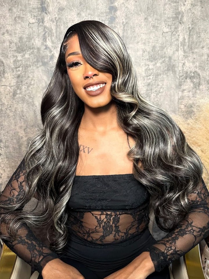 Dorsanee Black with Silver Grey Brown Highlights 13x4 Lace Front Human Hair Wigs 200 Density