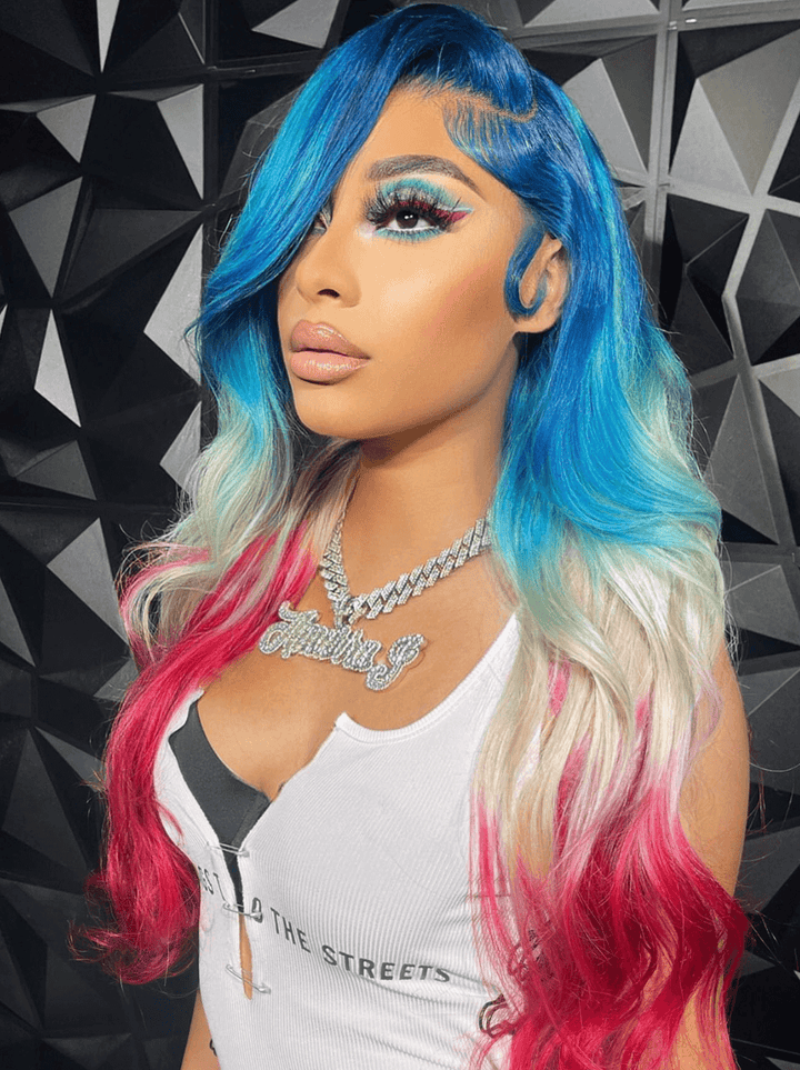 Dorsanee Ombre Blue Blonde Burgundy Red 13x4 Lace Front Human Hair Wigs