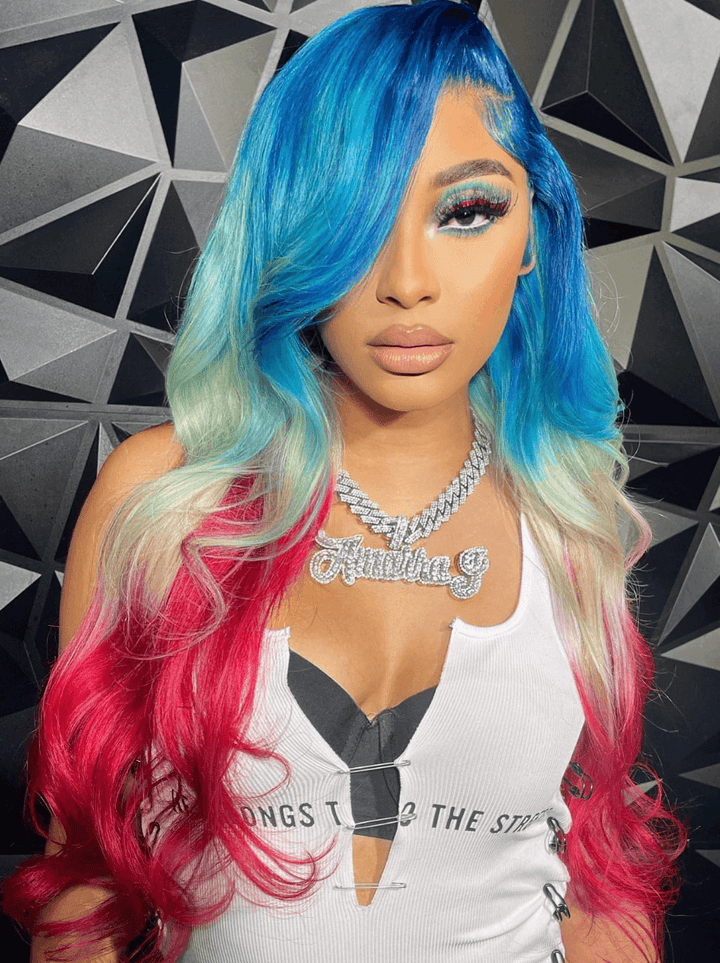 Dorsanee Ombre Blue Blonde Burgundy Red 13x4 Lace Front Human Hair Wigs