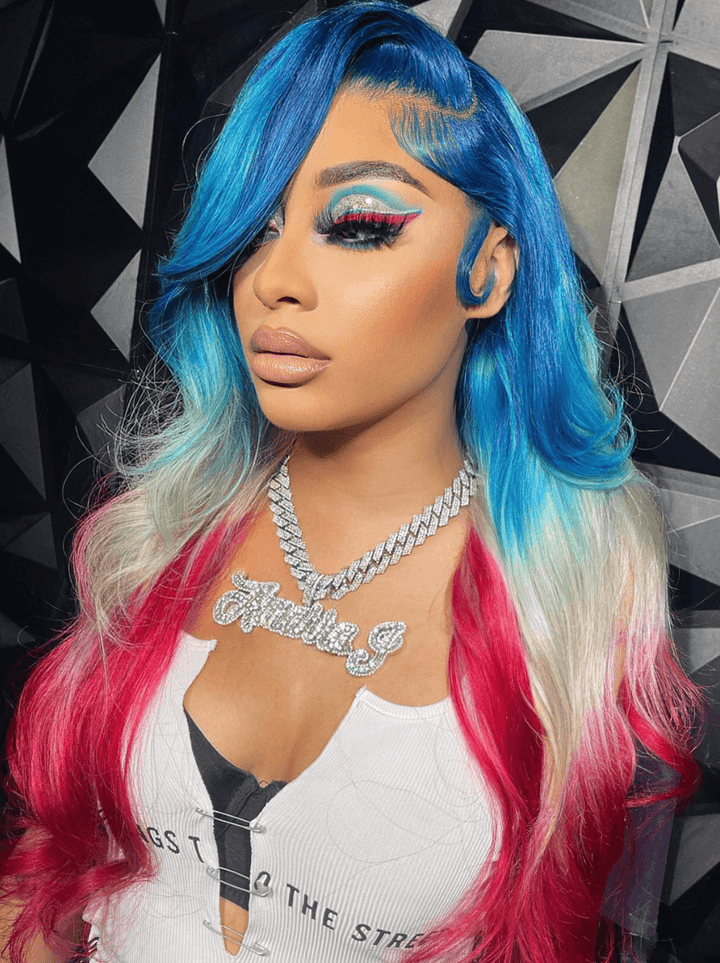 Dorsanee Ombre Blue Blonde Burgundy Red 13x4 Lace Front Human Hair Wigs