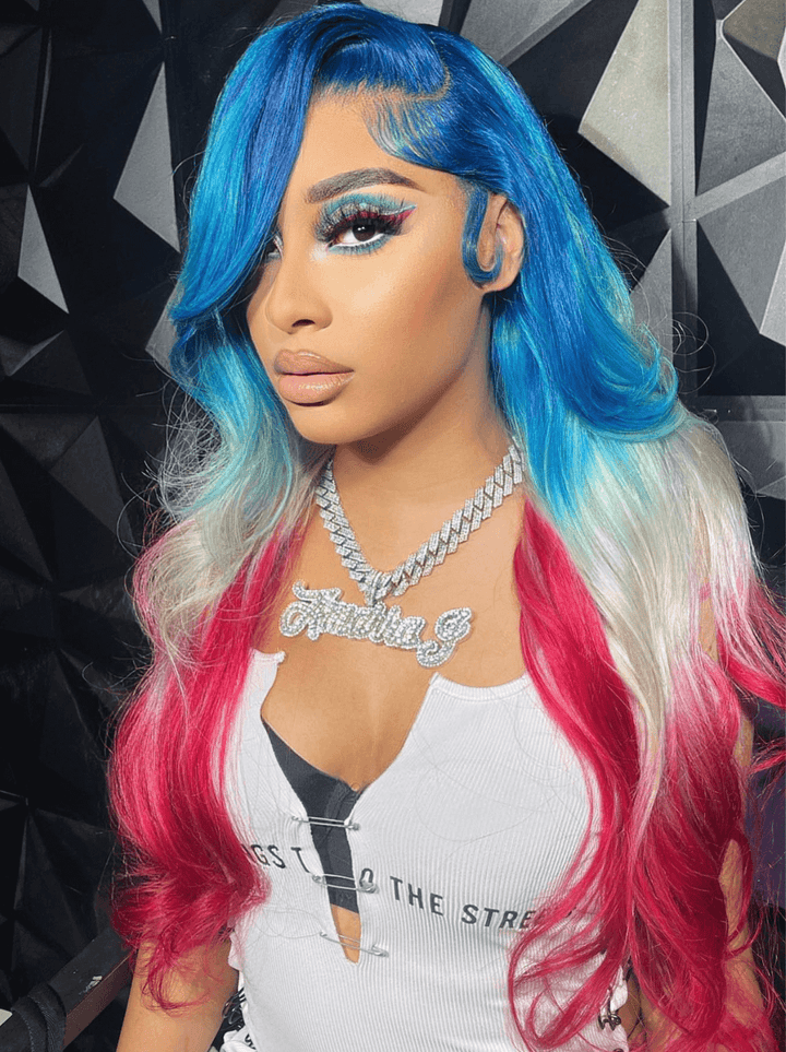 Dorsanee Ombre Blue Blonde Burgundy Red 13x4 Lace Front Human Hair Wigs