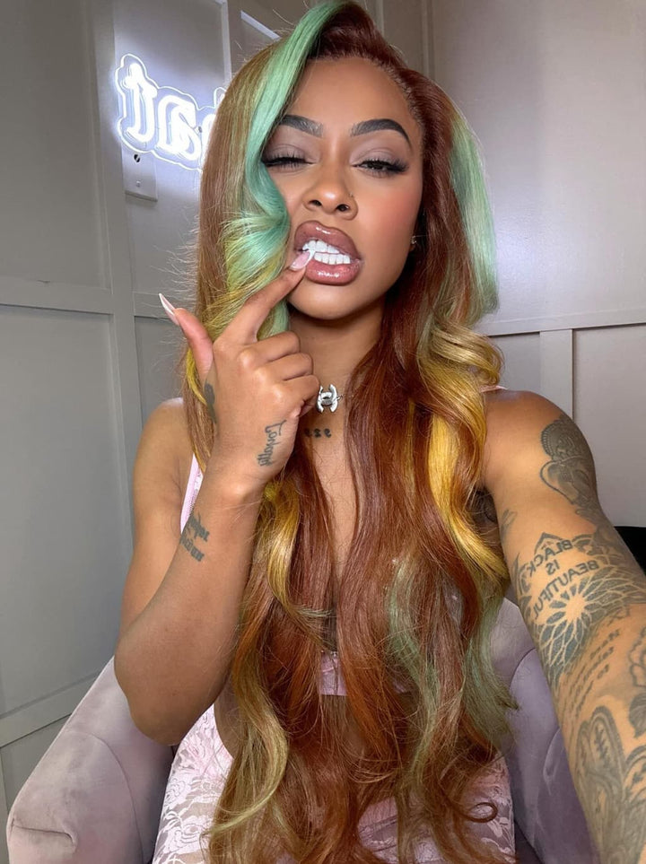 Dorsanee Brown Aqua Blue Yellow Skunk Stripe Highlights 13x4 Lace Front Human Hair Wigs 200 Density