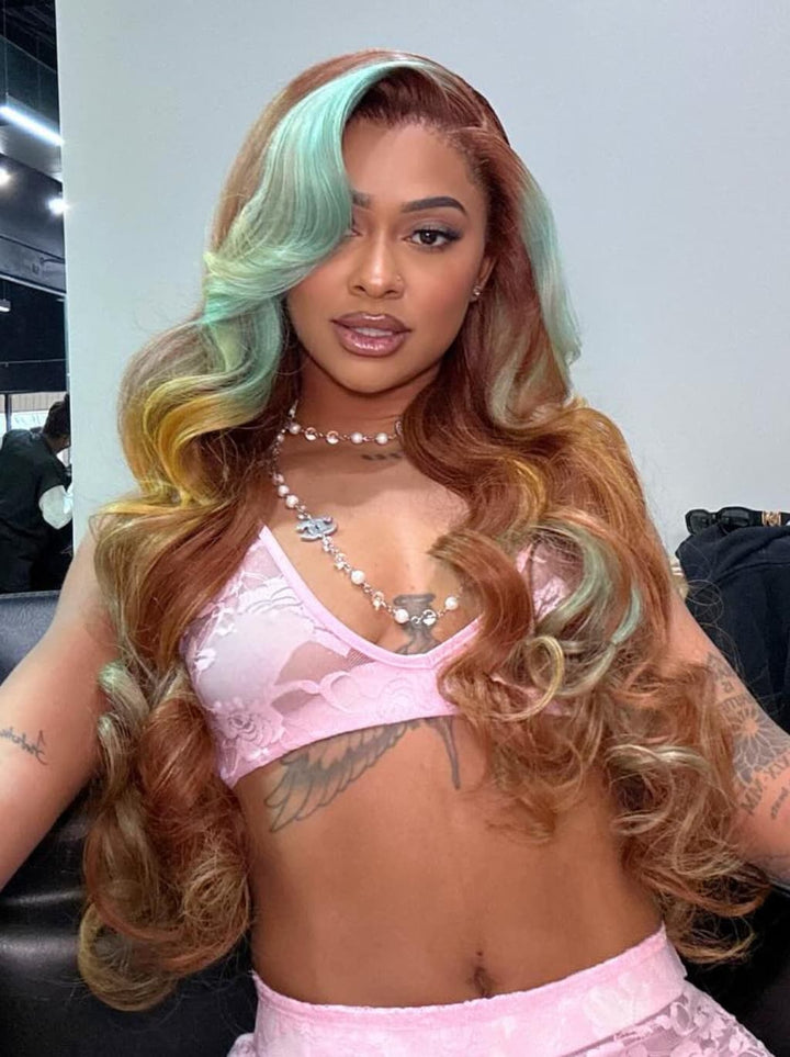 Dorsanee Brown Aqua Blue Yellow Skunk Stripe Highlights 13x4 Lace Front Human Hair Wigs 200 Density