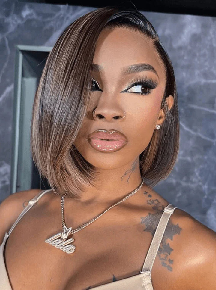 Dorsanee Brown Highlight Pixie Cut Short Bob Bone Straight Virgin Human Hair Wigs