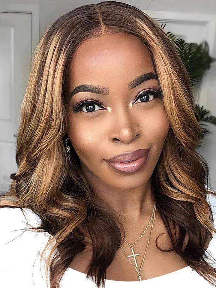 Dorsanee Brown Highlight Short Body Wave Bob Wigs 13x4 Lace Frontal Human Hair Wig