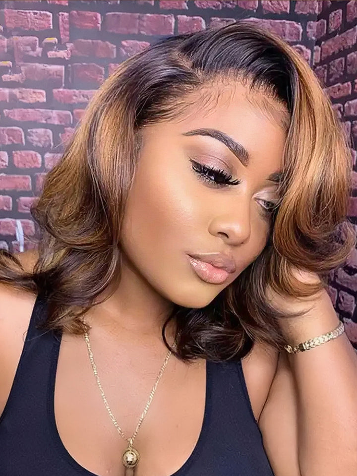 Dorsanee Brown Highlight Short Body Wave Bob Wigs 13x4 Lace Frontal Human Hair Wig Bob Wig