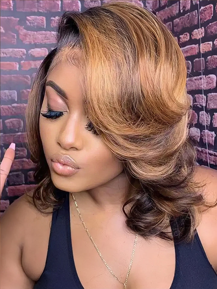 Dorsanee Brown Highlight Short Body Wave Bob Wigs 13x4 Lace Frontal Human Hair Wig Bob Wig For Women