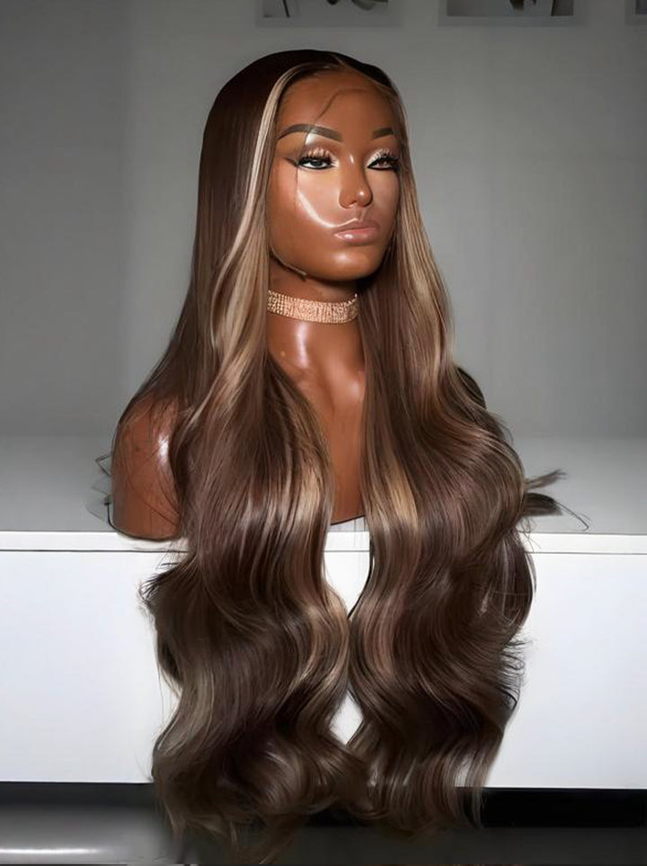 Dorsanee Brown Honey Blonde Highlights Wavy 13x4 Lace Front Virgin Human Hair Wig