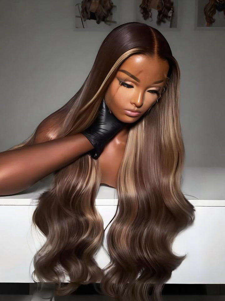 Dorsanee Brown Honey Blonde Highlights Wavy 13x4 Lace Front Virgin Human Hair Wig