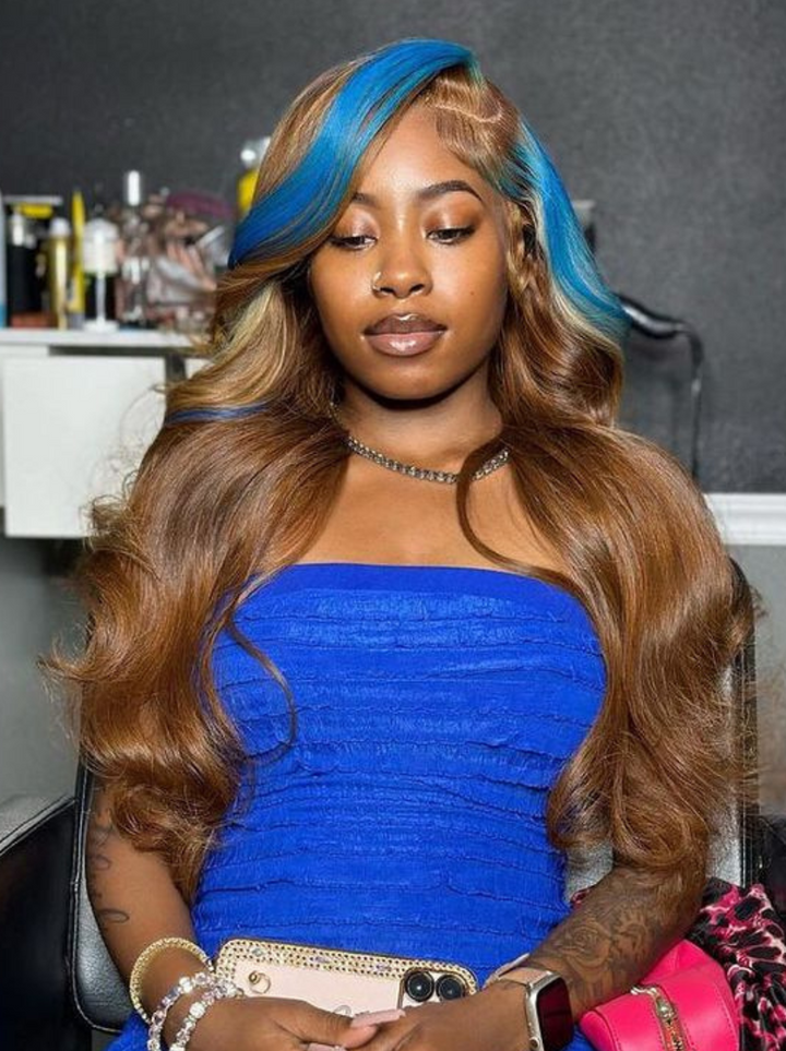 Dorsanee Auburn Brown Wig With Blue Skunk Stripe 13x4 Lace Front Body Wave Human Hair Wigs