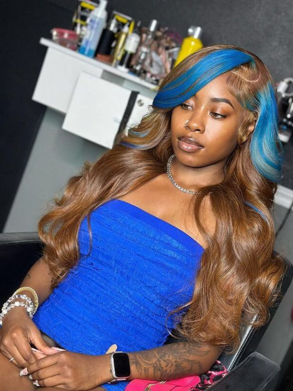 Dorsanee Auburn Brown Wig With Blue Skunk Stripe 13x4 Lace Front Body Wave Human Hair Wigs