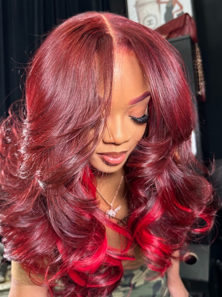 Dorsanee Burgundy 99j Pastel Red Streaks 200 Density 13x4 Lace Front Human Hair Wigs