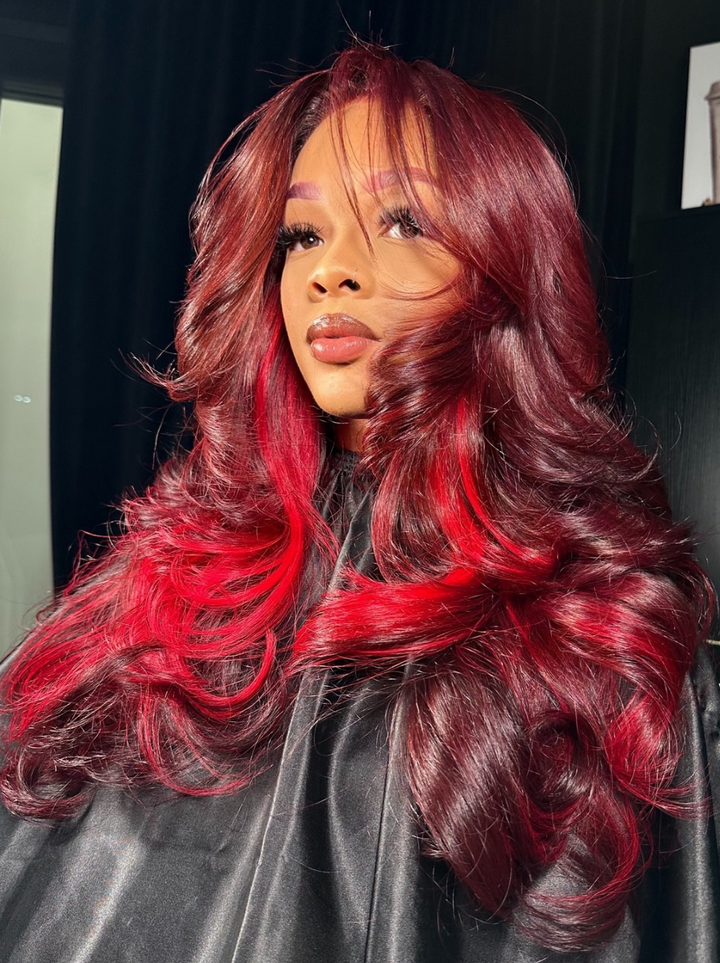 Dorsanee Burgundy 99j Pastel Red Streaks 200 Density 13x4 Lace Front Human Hair Wigs