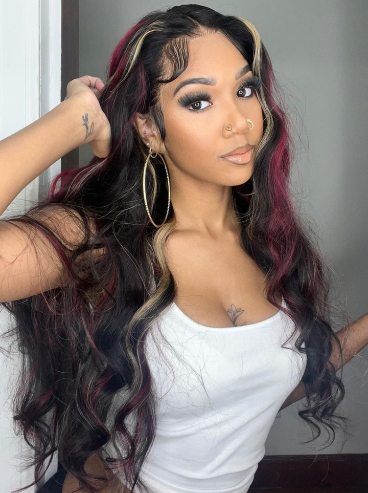 Dorsanee Black and Brown Red Highlight 13x4 Lace Front Body Wave Human Hair Wigs