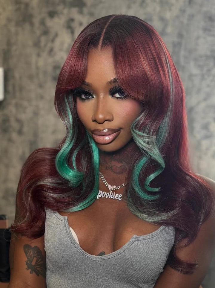 Dorsanee Burgundy Red With Pastel Green Highlights 13x4 Lace Front Virgin Human Hair Wigs