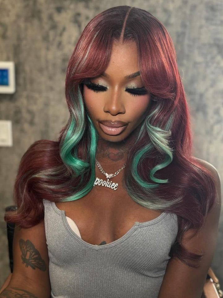 Dorsanee Burgundy Red With Pastel Green Highlights 13x4 Lace Front Virgin Human Hair Wigs
