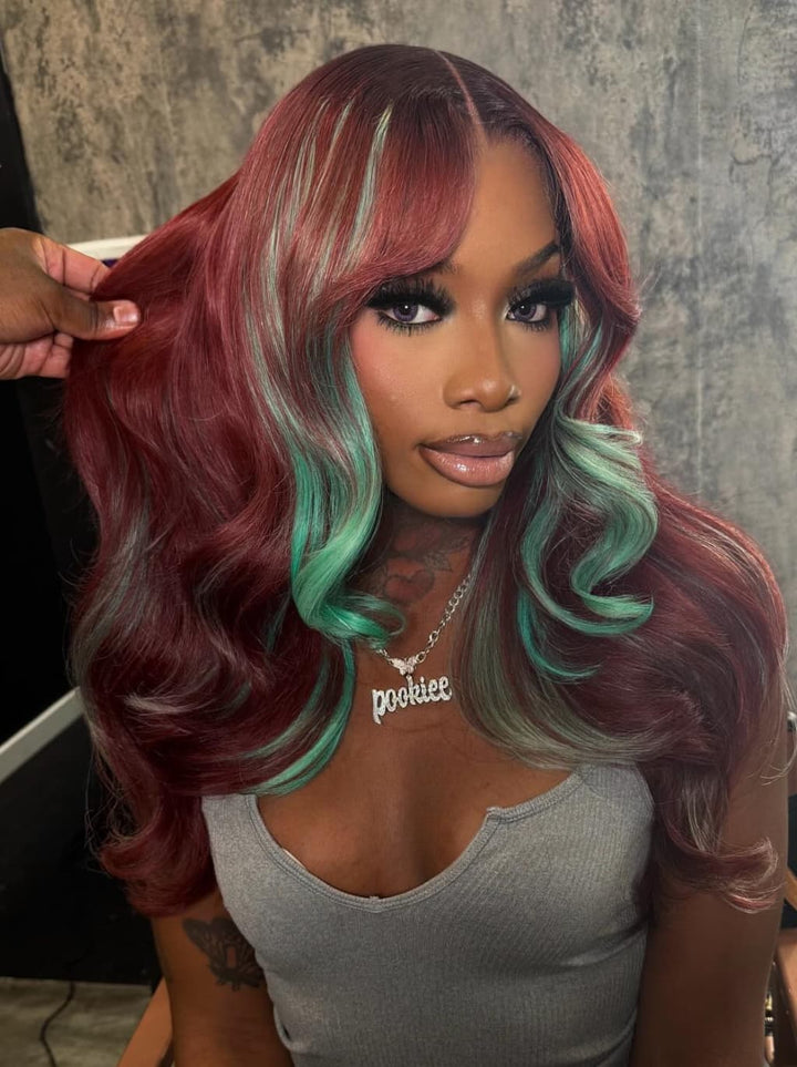 Dorsanee Burgundy Red With Pastel Green Highlights 13x4 Lace Front Virgin Human Hair Wigs