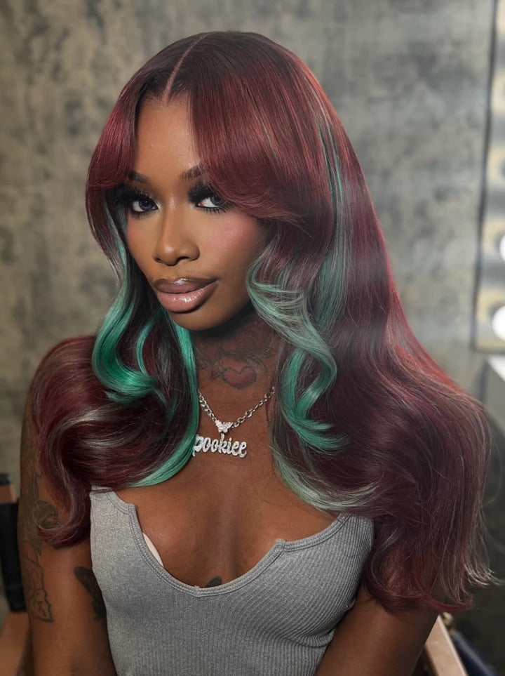Dorsanee Burgundy Red With Pastel Green Highlights 13x4 Lace Front Virgin Human Hair Wigs