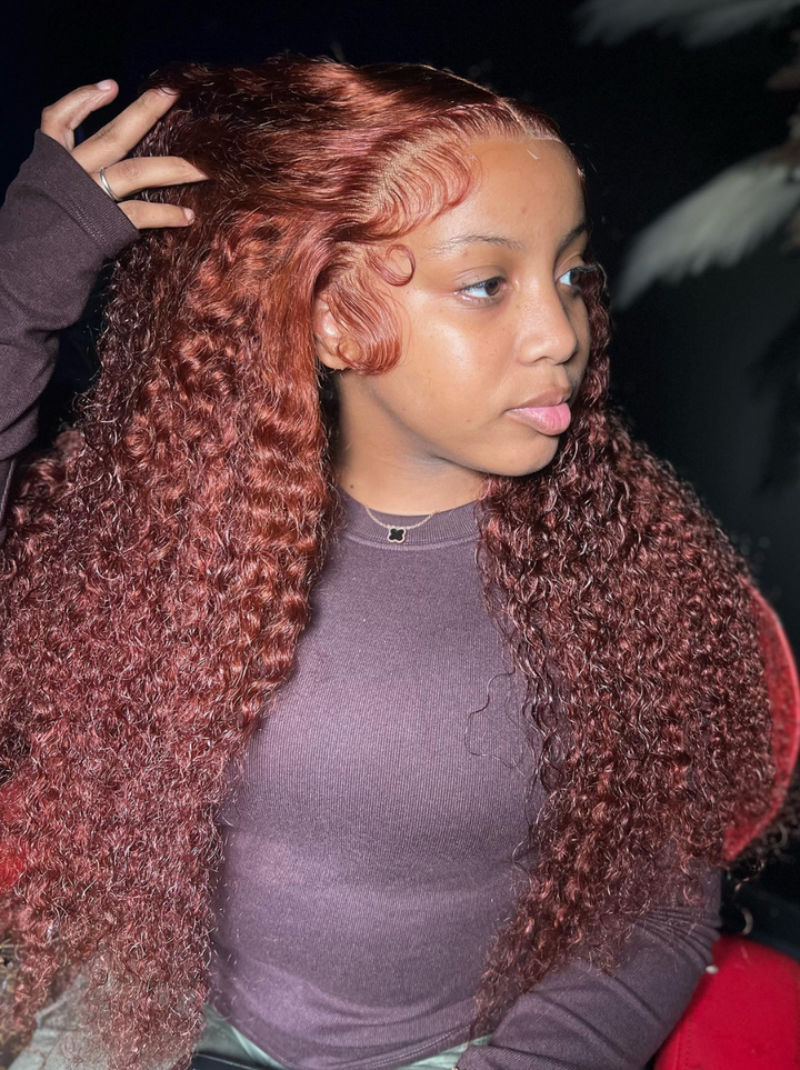 Dorsanee Chocolate Reddish Brown Jerry Curly 13x4 Lace Front Pre-plucked Human Hair Wig