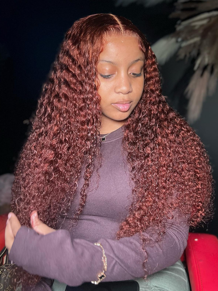 Dorsanee Chocolate Reddish Brown Jerry Curly 13x4 Lace Front Pre-plucked Human Hair Wig