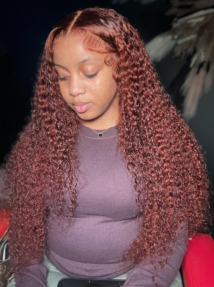 Dorsanee Chocolate Reddish Brown Jerry Curly 13x4 Lace Front Pre-plucked Human Hair Wig