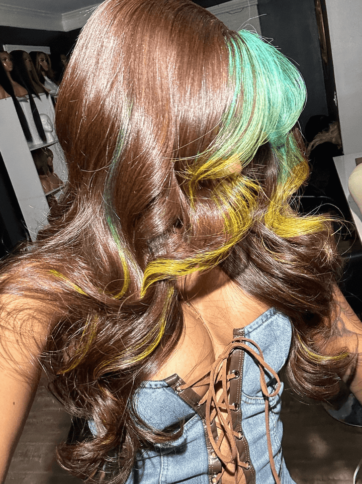 Dorsanee Chocolate Brown With Blue Yellow Skunk Stripe 13x4 Lace Front Human Hair Wigs 200 Density