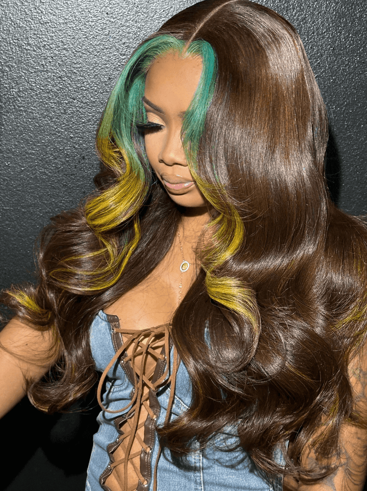 Dorsanee Chocolate Brown With Blue Yellow Skunk Stripe 13x4 Lace Front Human Hair Wigs 200 Density