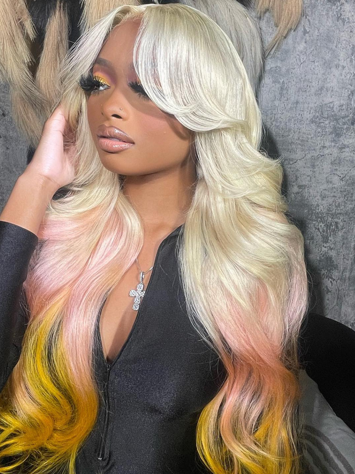 Dorsanee Curtain Bangs Wig Blonde Blue Purple Pink Red Yellow 13x4 Lace Front Human Hair Wigs
