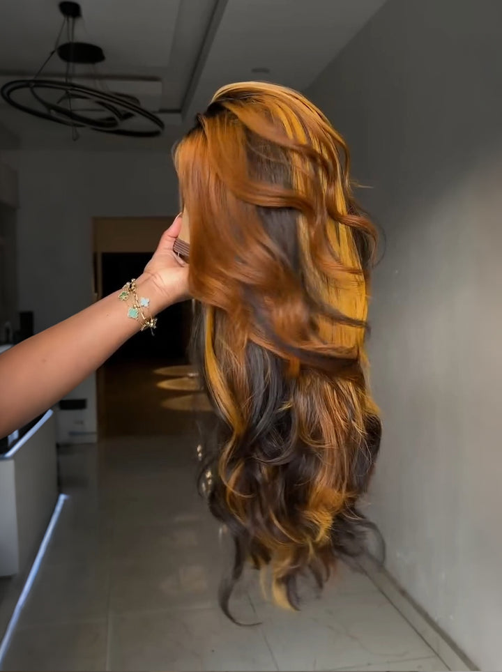 Dorsanee Dark Brown Golden Blonde Highlight Body Wave Lace Front Human Hair Wig