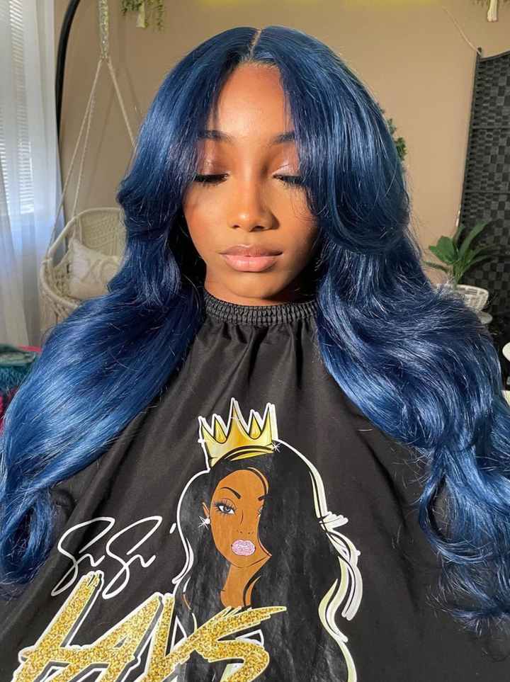 Dorsanee Deep Royal Blue Curtain Bangs 13x4 HD Lace Front Body Wave Human Hair Wigs
