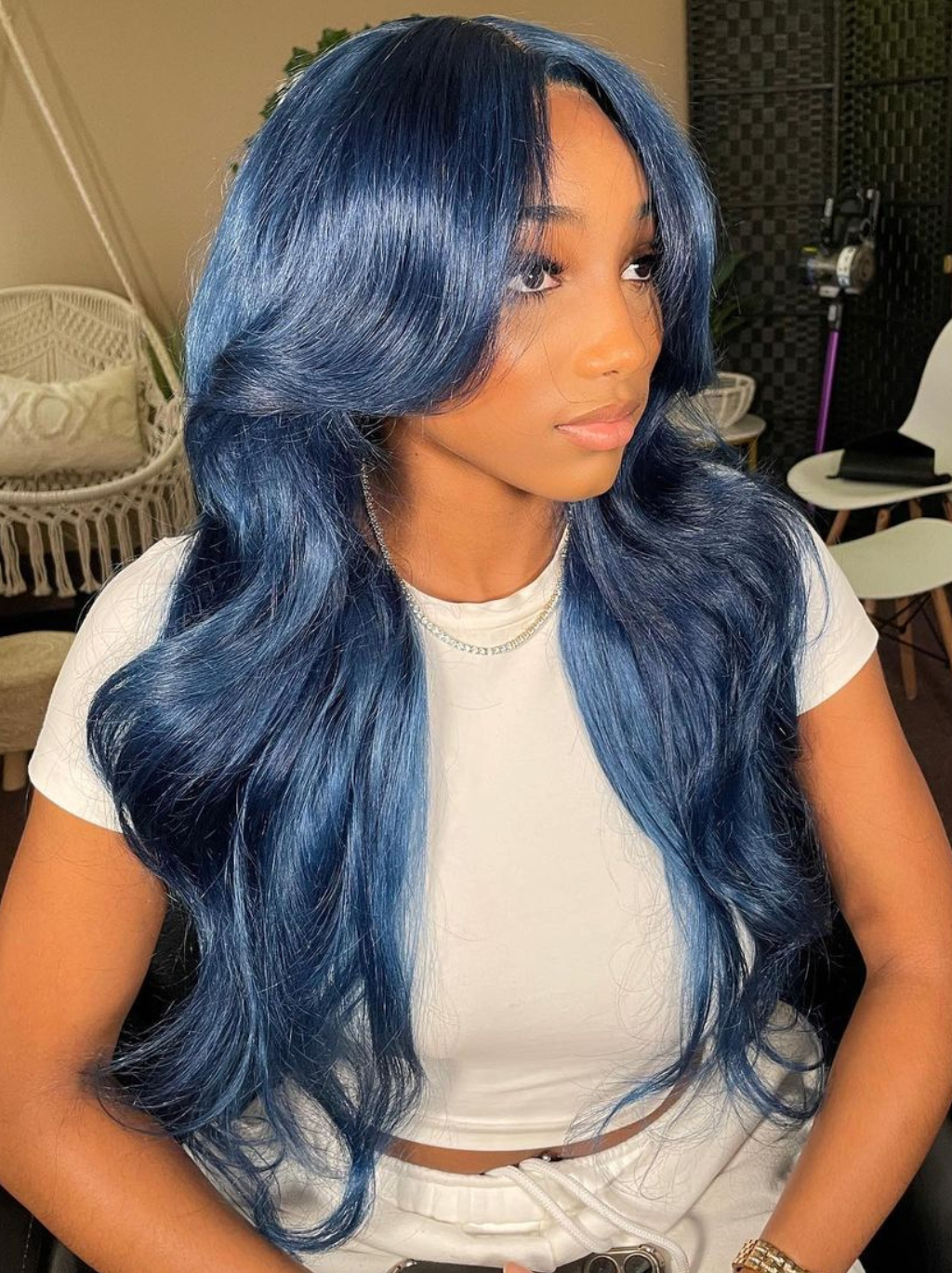 Dorsanee Deep Royal Blue Curtain Bangs 13x4 HD Lace Front Body Wave Human Hair Wigs