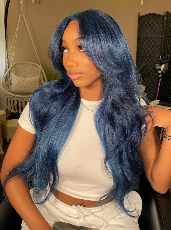 Dorsanee Deep Royal Blue Curtain Bangs 13x4 HD Lace Front Body Wave Human Hair Wigs