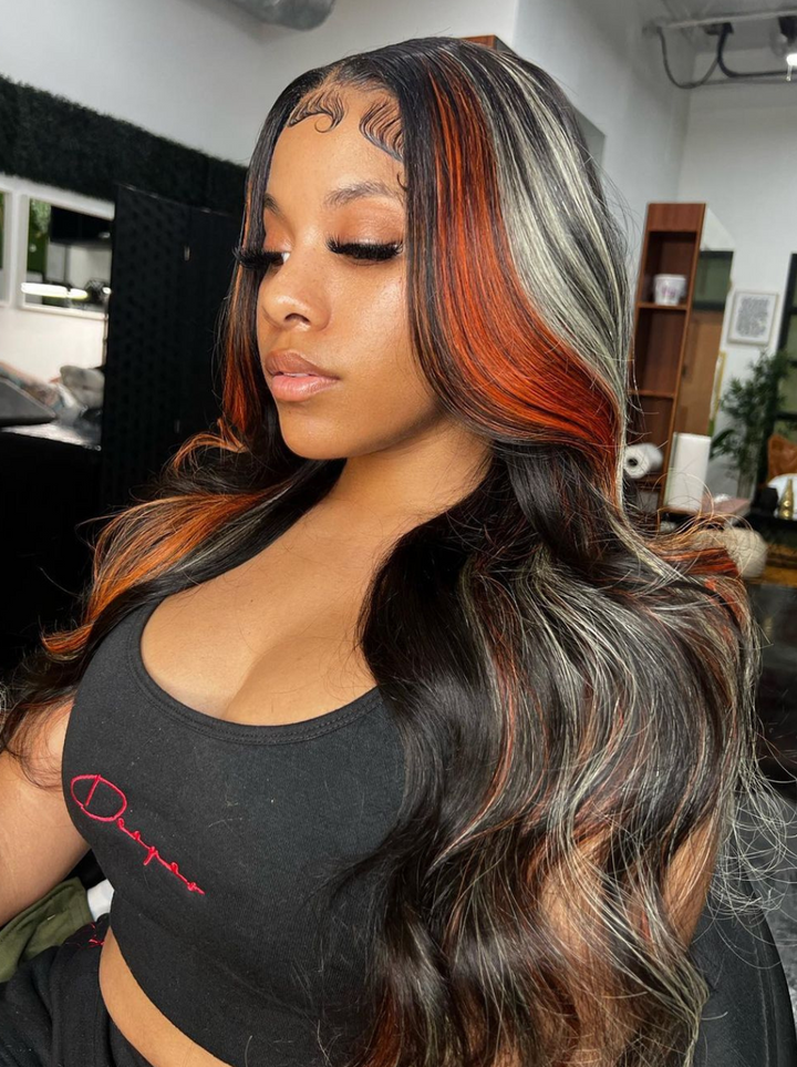 Dorsanee Ginger Orange Gray Streaks Highlights 13X4 Lace Front Straight Human Hair Weave Wig