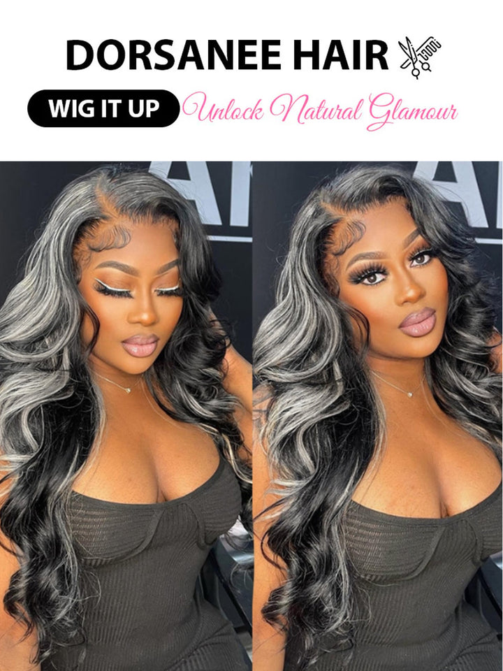 Dorsanee Grey Highlights 13x4 HD Lace Frontal Body Wave Human Hair Wig