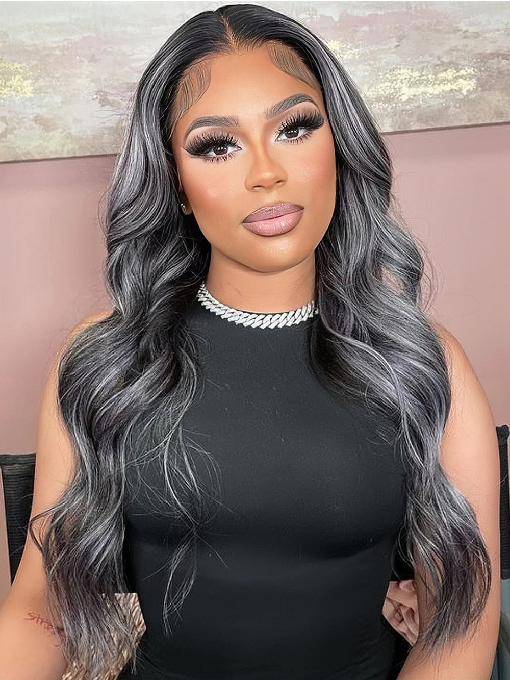 Dorsanee Grey With Black Highlights 13x4 HD Lace Frontal Body Wave Human Hair Wigs Colored Wig
