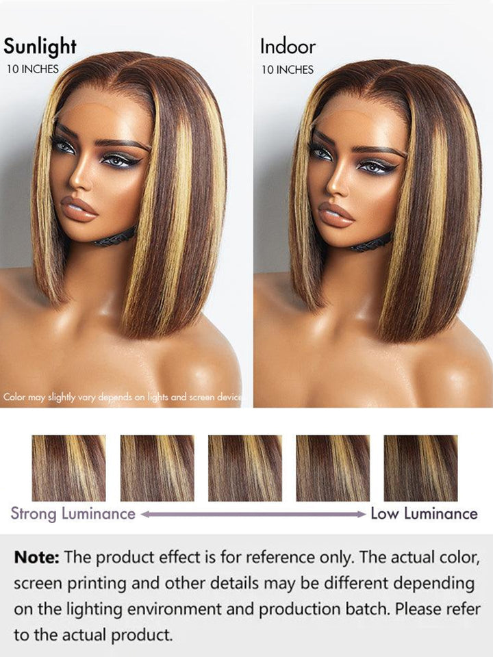 Dorsanee Hair Glueless Highlight Straight Short Bob Human Hair Wigs 6×4 Lace Closure Wig Per Cut Bleached