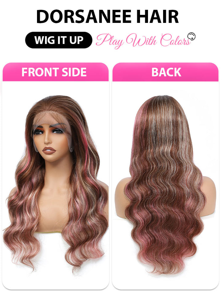 Dorsanee Hair Pink Highlights In Brown Hair Body Wave Lace Wig With Blonde And Pink Highlights