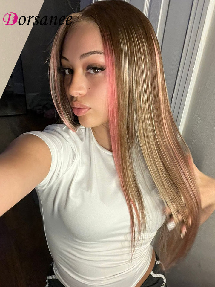 Dorsanee Hair Pink Highlights In Brown Hair Straight Wig With Blonde And Pink Highlights Human Hair Wig Beautiful For Women