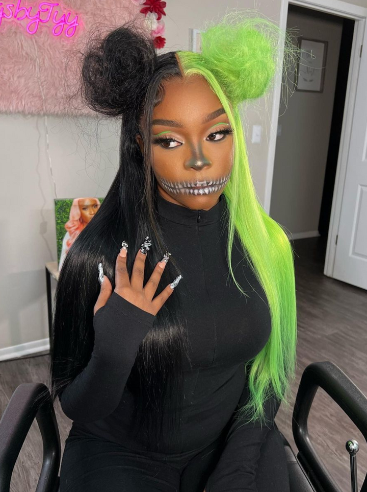 Dorsanee Half Black Half Green Halloween 13x4 Lace Front Straight Body Wave Human Hair Wigs