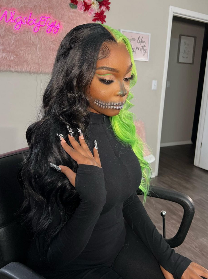 Dorsanee Half Black Half Green Halloween 13x4 Lace Front Straight Body Wave Human Hair Wigs