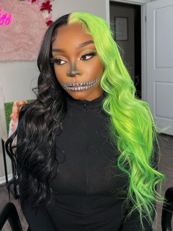 Dorsanee Half Black Half Green Halloween 13x4 Lace Front Straight Body Wave Human Hair Wigs