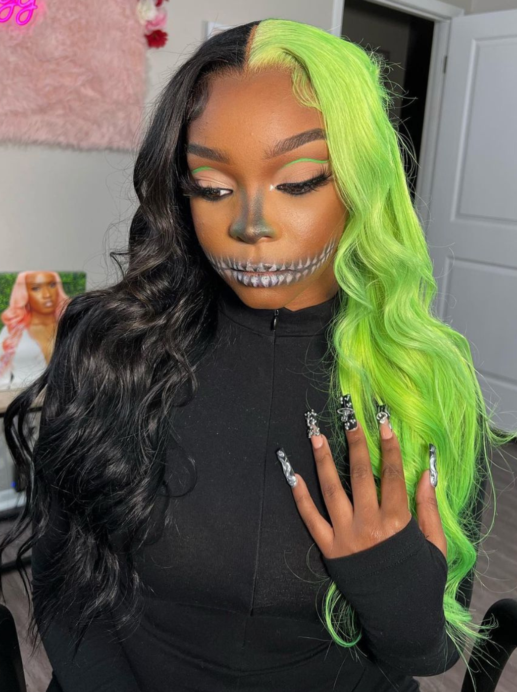 Dorsanee Half Black Half Green Halloween 13x4 Lace Front Straight Body Wave Human Hair Wigs